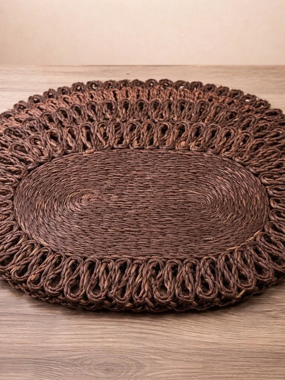 VTG 70's Woven Oval Looped Floral Edge Placemat Centerpiece Set of 4 Cottagecore